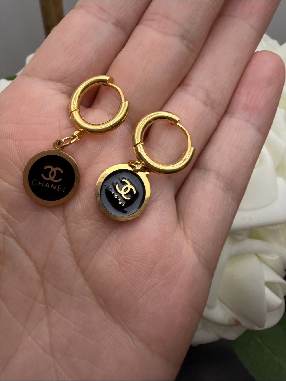 Stainless steel and Black Logo Hoop Drop Earrings